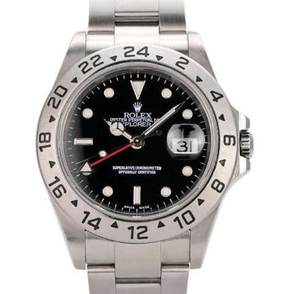 Rolex Explorer II Edelstahl 16570T in Schwarz mit Automatikwerk und 24-Stunden Skala auf Edelstahlarmband.