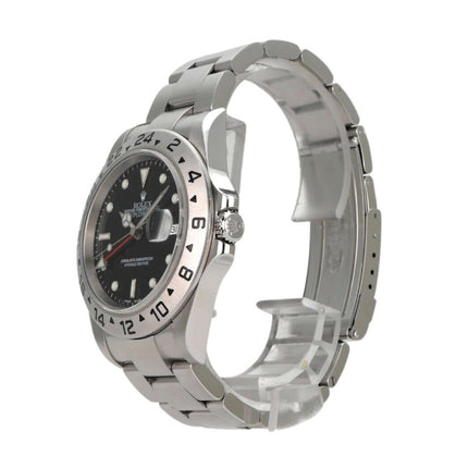 Rolex Explorer II Edelstahl 16570T Ansicht von der Seite mit schwarzem Zifferblatt und 24-Stunden-Lünette.