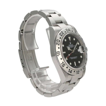 Rolex Explorer II Edelstahl 16570T mit schwarzem Zifferblatt und 24-Stunden-Skala, polierte und satinierte Oberfläche.