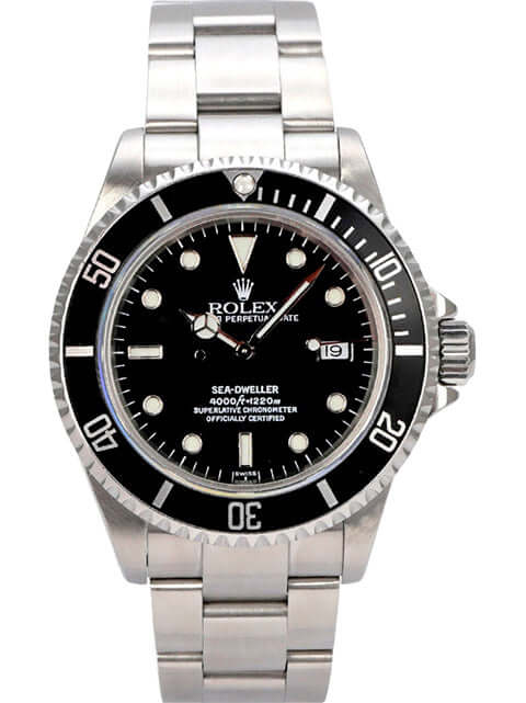 Rolex Sea-Dweller 16600 mit schwarzem Zifferblatt und Edelstahlarmband, drehbare Lünette, 40 mm Gehäuse.