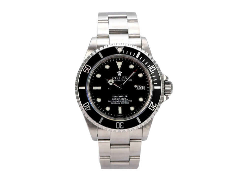 Rolex Sea-Dweller 16600 aus Edelstahl mit schwarzem Zifferblatt und drehbarer Lünette.