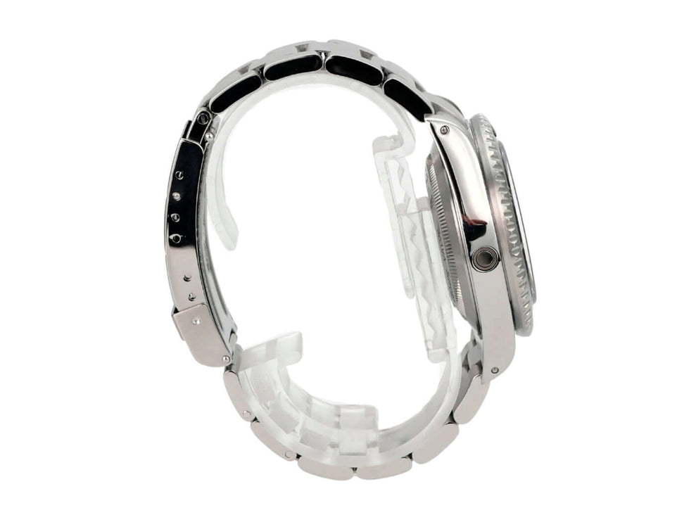 Rolex Sea-Dweller 16600 Uhr mit Edelstahl Armband von der Seite, drehbare Lünette und modernes Design.