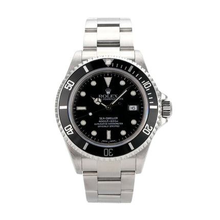 Rolex Sea-Dweller 16600 Edelstahl Uhr mit schwarzem Zifferblatt und drehbarer Lünette, 40 mm Durchmesser, Automatikwerk.