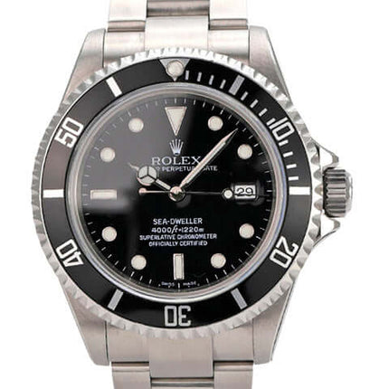 Rolex Sea-Dweller 16600 in Edelstahl mit schwarzem Zifferblatt und drehbarer Lünette.