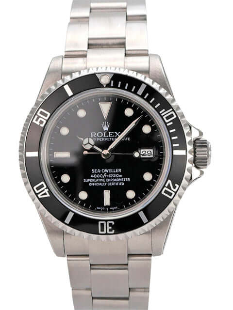 Rolex Sea-Dweller 16600 in Edelstahl mit schwarzem Zifferblatt und drehbarer Lünette.