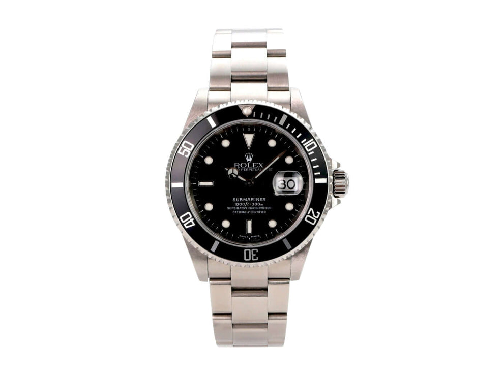 Rolex Submariner Date 16610 Edelstahl Uhr mit schwarzem Zifferblatt und drehbarer Lünette