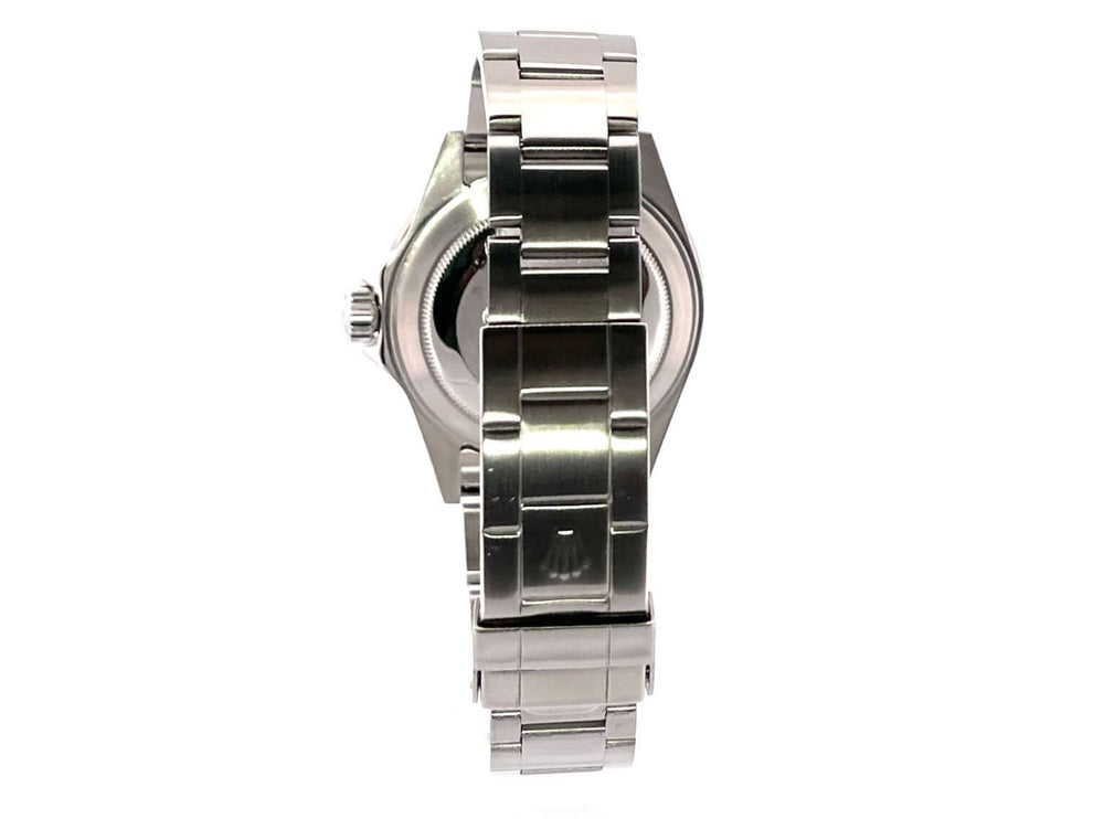 Rückansicht der Rolex Submariner Date 16610 Edelstahl Armbanduhr, zeigt poliertes und satiniertes Rolex Oyster Armband mit Faltschließe