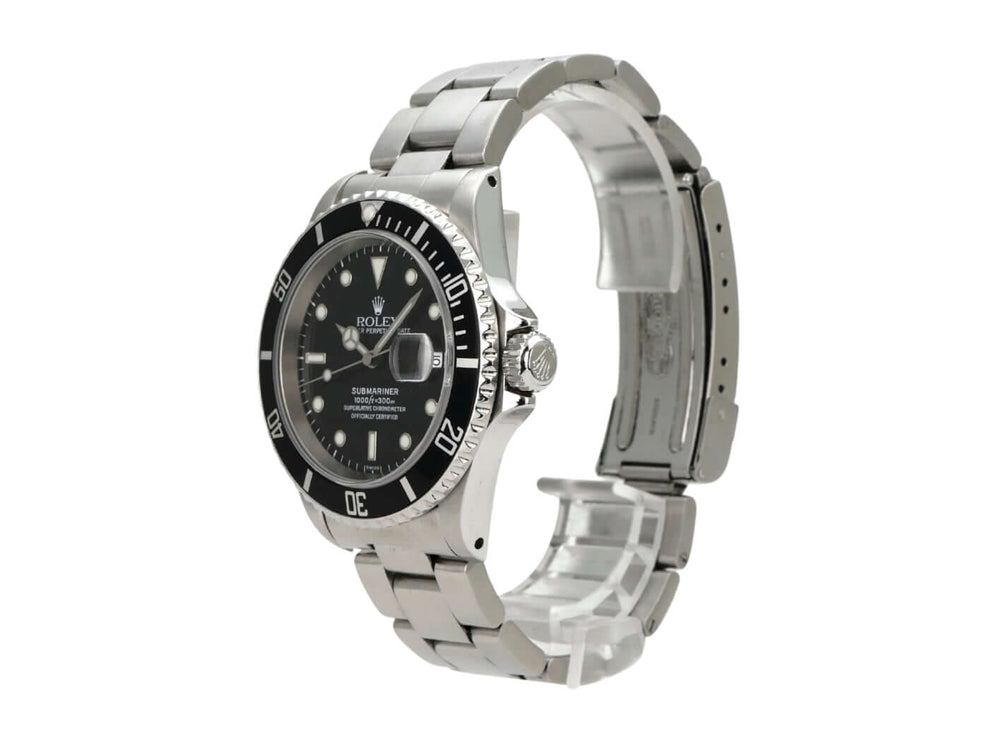 Rolex Submariner Date 16610 Edelstahl Uhr mit schwarzem Zifferblatt und Oyster Armband.