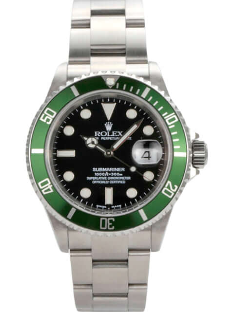 Rolex Submariner Date Ref. 16610LV mit schwarzem Zifferblatt und grüner Lünette, Edelstahlarmband.
