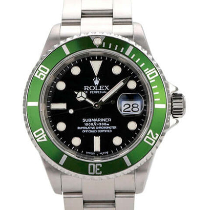 Rolex Submariner Date 16610LV mit grünem Zifferblatt und Edelstahlarmband, hochwertiger Luxuszeitmesser.
