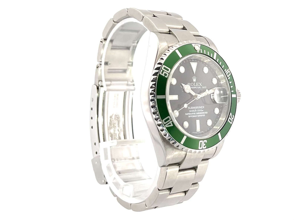 Rolex Submariner Date LV 16610LV aus Edelstahl mit grünem Lünetteneinsatz und schwarzem Zifferblatt aus dem Jahr 2010