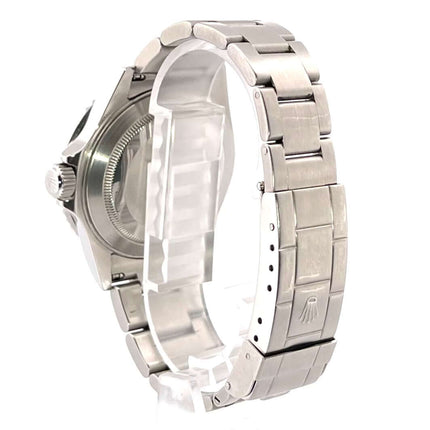 Edelstahl-Rückseite des Rolex Submariner Date LV 16610LV mit Oyster-Armband und Sicherheitsfaltschließe