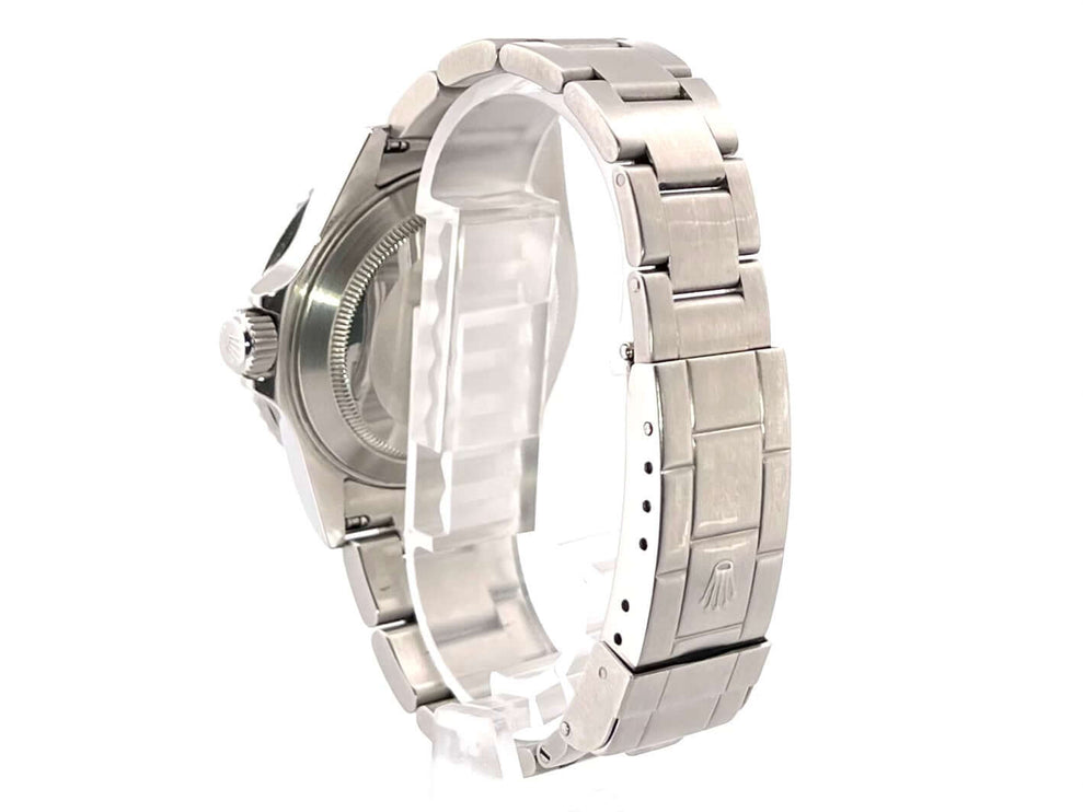 Edelstahl-Rückseite des Rolex Submariner Date LV 16610LV mit Oyster-Armband und Sicherheitsfaltschließe