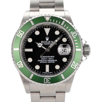 Rolex Submariner Date LV 16610LV mit grünem Rand und schwarzem Zifferblatt, Edelstahlarmband, 40mm Durchmesser.