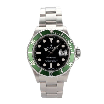 Rolex Submariner Date LV 16610LV mit grünem Ziffernblatt und Edelstahlband, 40 mm Gehäuse, Automatikwerk.