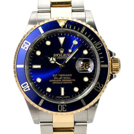 Rolex Submariner Date 16613 Edelstahl Gold Blau mit blauem Zifferblatt und 18 Karat Gelbgold-Lünette.