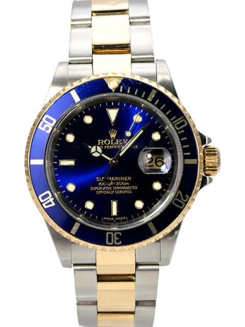 Rolex Submariner Date 16613 Edelstahl Gold Blau mit blauem Zifferblatt und 18 Karat Gelbgold-Lünette.