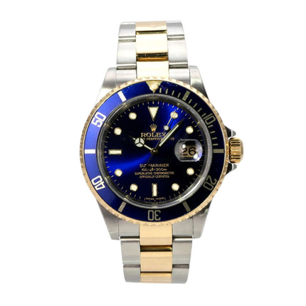 Rolex Submariner Date 16613 Edelstahl Gold Blau mit blauem Zifferblatt und zwei Materialien, Edelstahl und 18 Karat Gold.