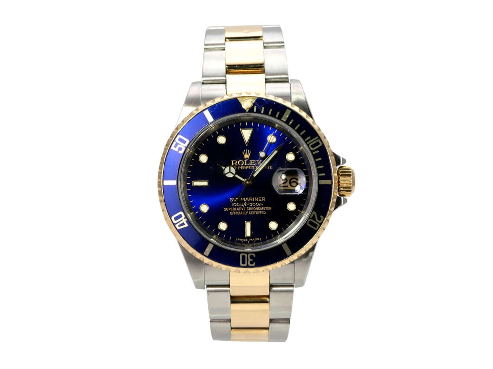 Rolex Submariner Date 16613 Edelstahl Gold Blau mit blauem Zifferblatt und zwei Materialien, Edelstahl und 18 Karat Gold.