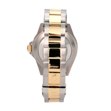 Rolex Submariner Date 16613 Edelstahl Gold Blau, seitliche Ansicht, Edelstahl- und Gold-Armband, poliertes Design.