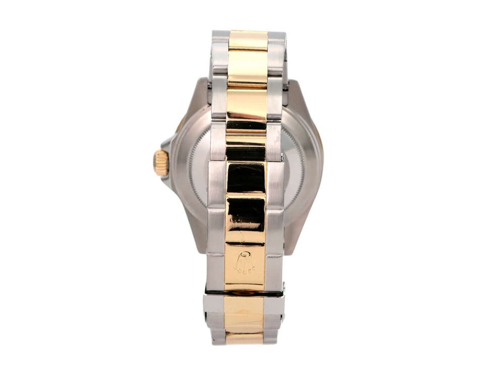 Rolex Submariner Date 16613 Edelstahl Gold Blau, seitliche Ansicht, Edelstahl- und Gold-Armband, poliertes Design.