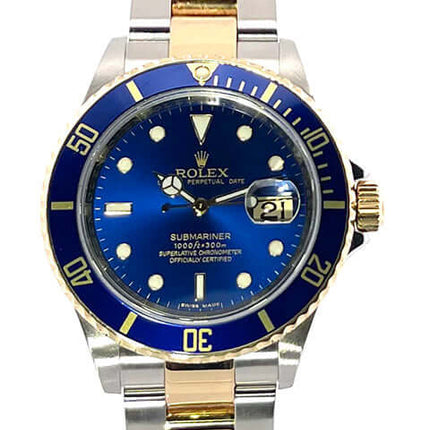 Rolex Submariner Date 16613 Edelstahl Gelbgold Blau Zifferblatt und Lünette, 40 mm Gehäusedurchmesser, aus 2009.