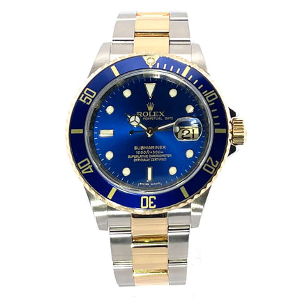 Rolex Submariner Date 16613, Edelstahl und 18 Karat Gelbgold, blaues Zifferblatt, drehbare Lünette, Oyster Armband.