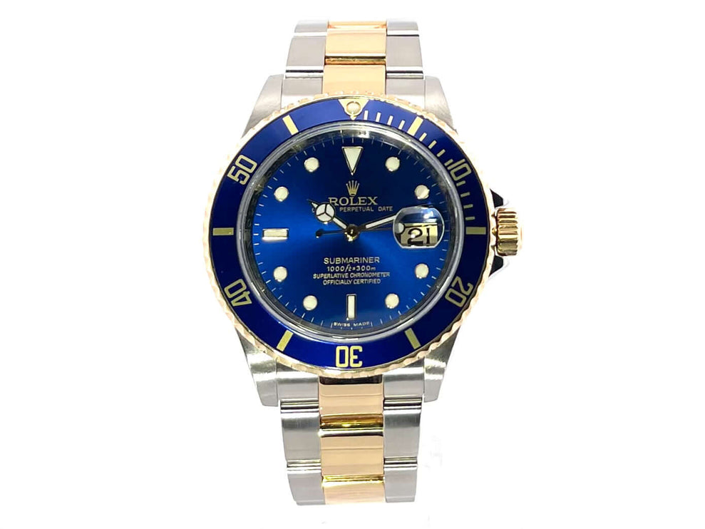 Rolex Submariner Date 16613, Edelstahl und 18 Karat Gelbgold, blaues Zifferblatt, drehbare Lünette, Oyster Armband.