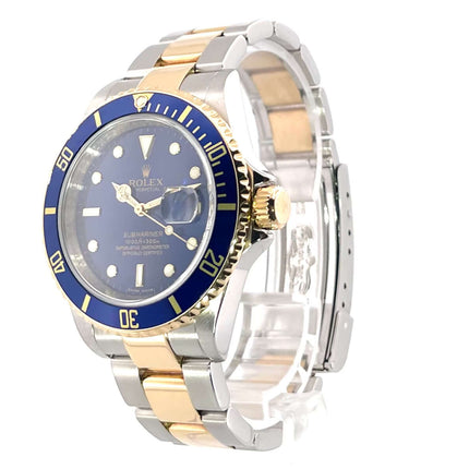 Rolex Submariner Date 16613, Edelstahl und 18 Karat Gelbgold, blaues Ziffernblatt und Lünette, 2009, poliertes Edelstahl-/Goldarmband