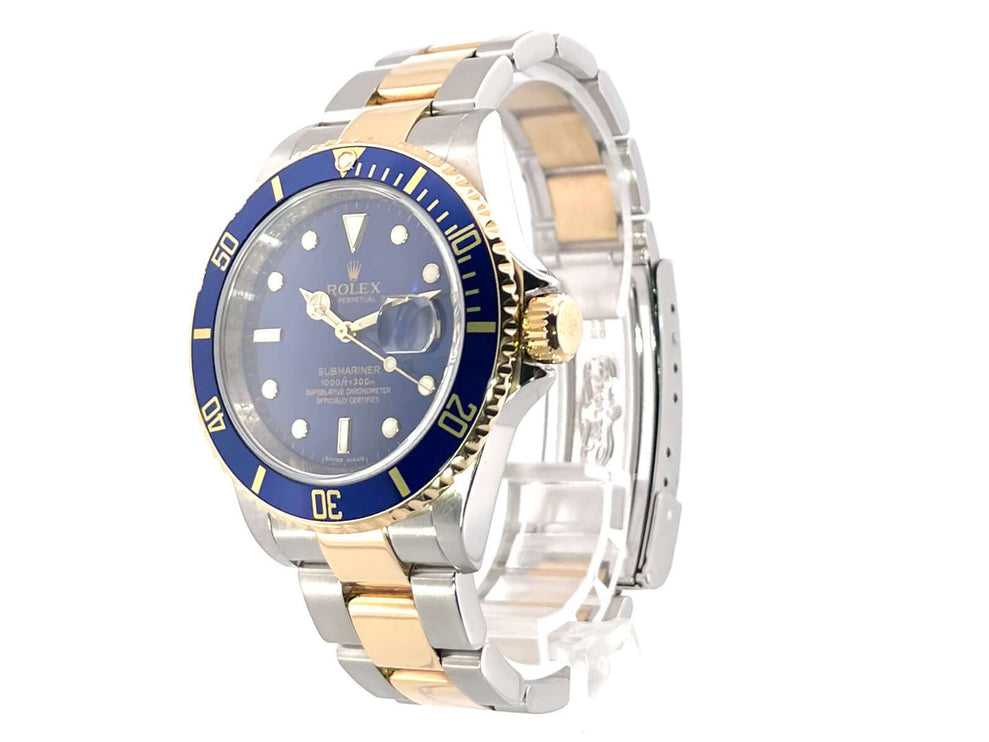Rolex Submariner Date 16613, Edelstahl und 18 Karat Gelbgold, blaues Ziffernblatt und Lünette, 2009, poliertes Edelstahl-/Goldarmband