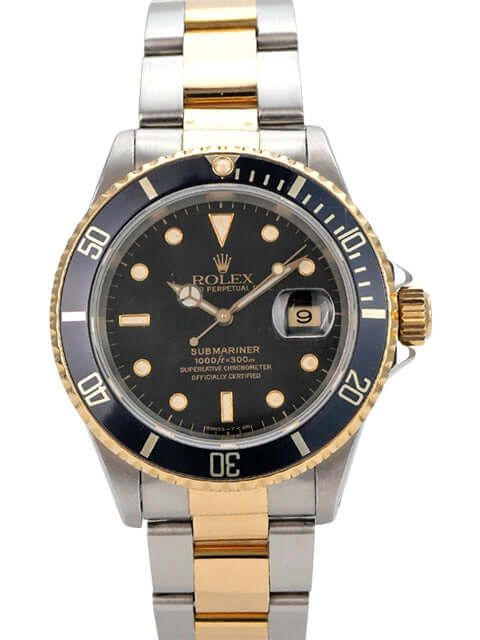 Rolex Submariner Date 16613 Edelstahl Gelbgold Schwarz mit schwarzem Zifferblatt und drehbarer Lünette.