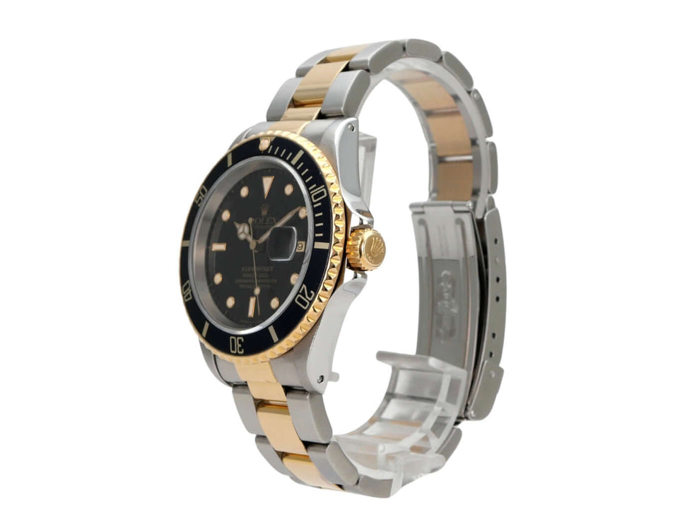 Rolex Submariner Date 16613 Edelstahl Gelbgold Schwarz mit schwarzem Zifferblatt und drehbarer Lünette.