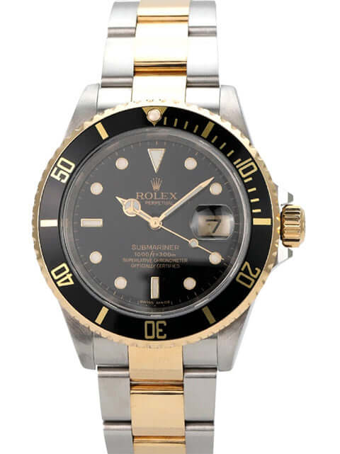 Rolex Submariner Date 16613 Edelstahl Gelbgold Schwarz mit schwarzem Ziffernblatt und drehbarer Lünette.