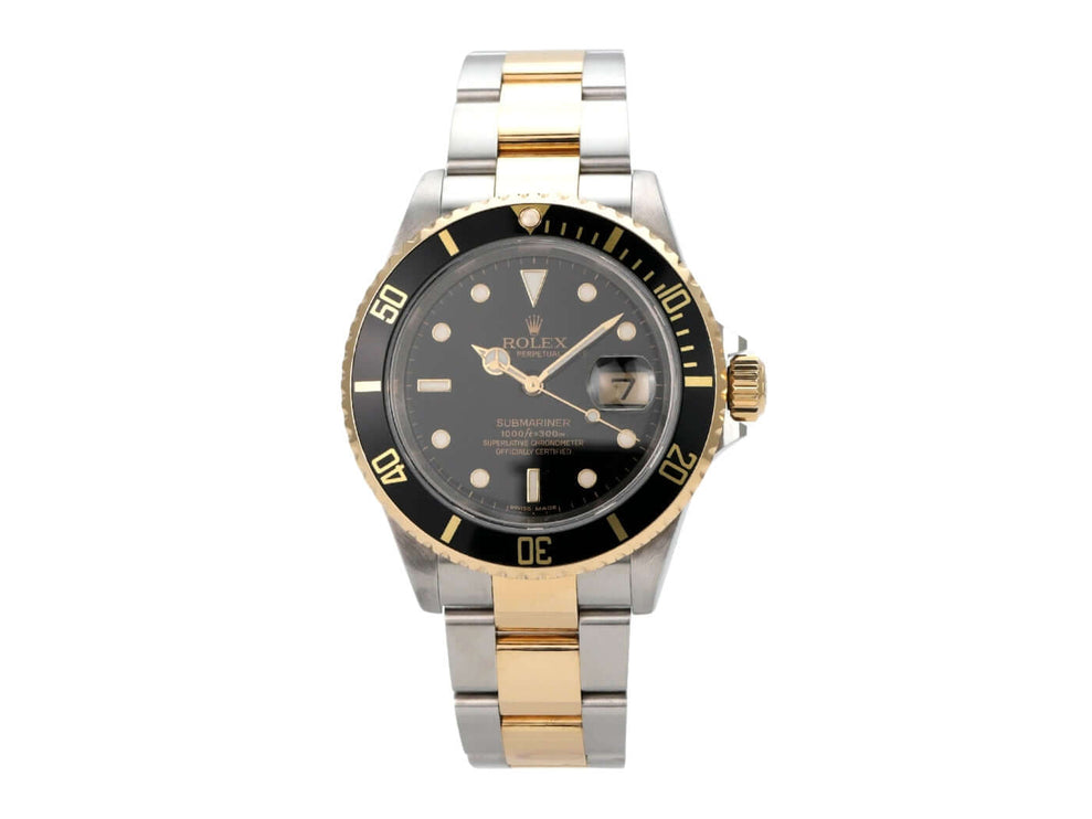 Rolex Submariner Date 16613 Edelstahl Gelbgold Schwarz mit schwarzem Zifferblatt und 18 Karat Gelbgold/Lünette.