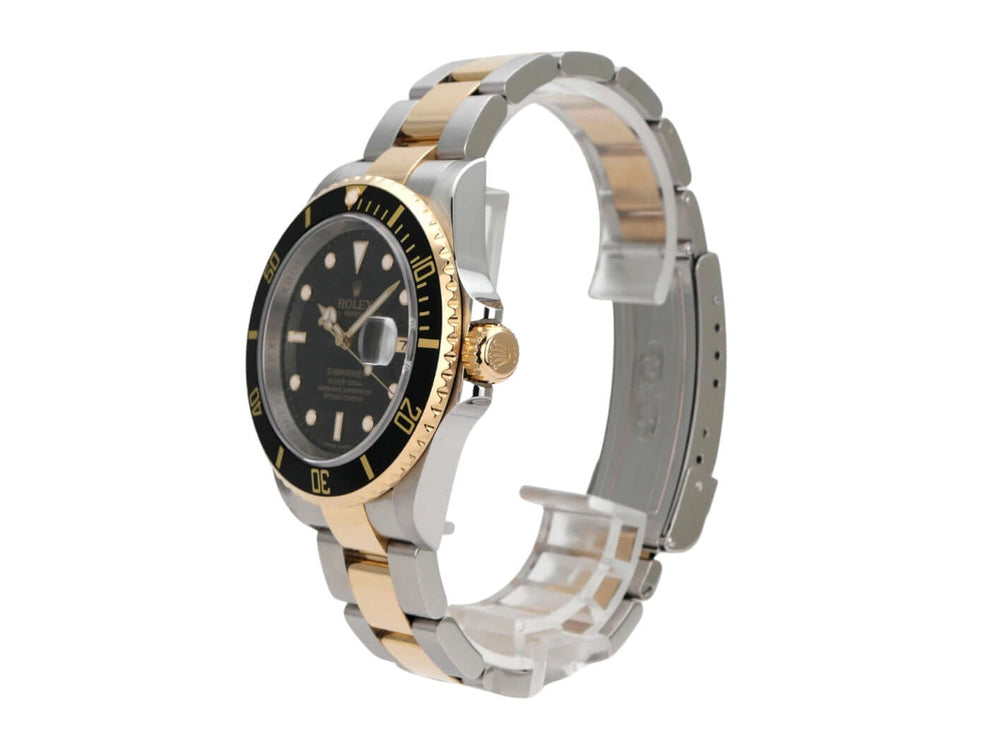 Rolex Submariner Date 16613 Edelstahl Gelbgold Schwarz – hochwertige Armbanduhr mit schwarzem Zifferblatt und drehbarer Lünette.
