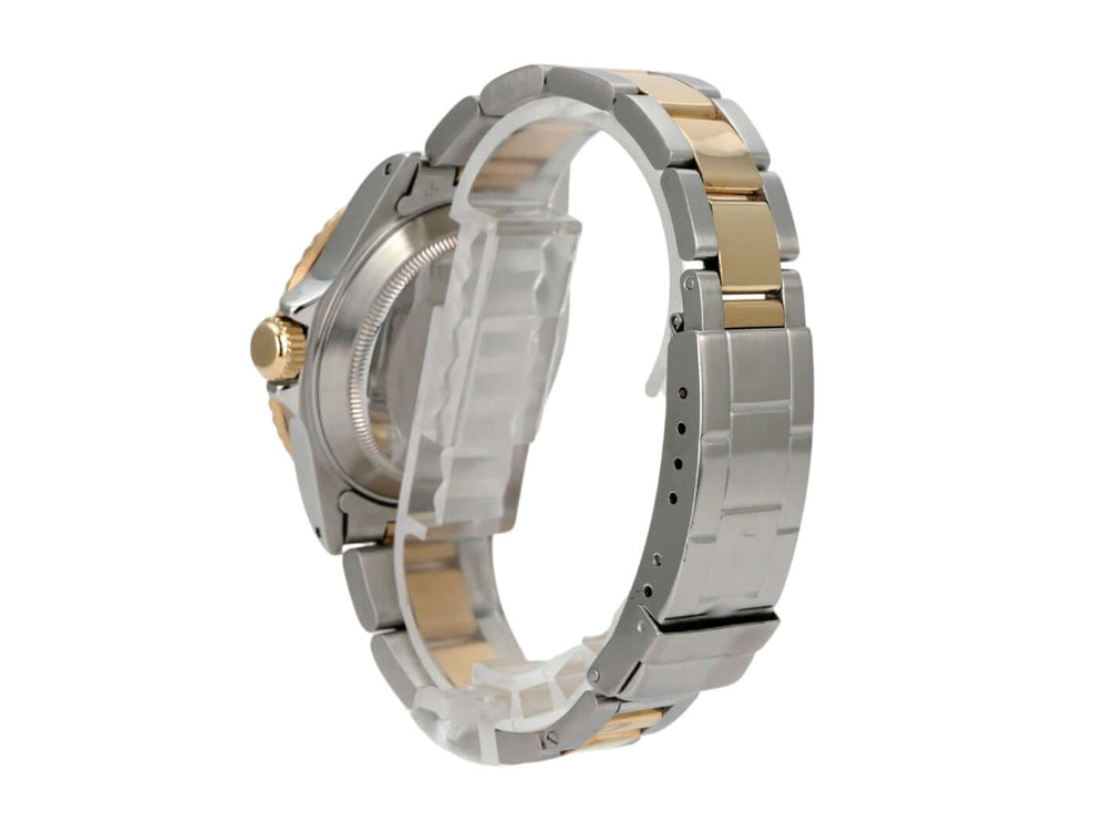 Rolex Submariner Date 16613 Edelstahl Gold Blau seitliche Ansicht des Gehäuses und Armbands.