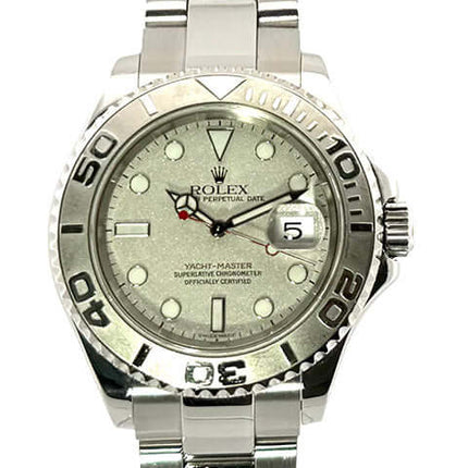 Rolex Yacht-Master 40 Edelstahl Platin 16622 mit Platin-Zifferblatt und gefassten Leuchtindizes, roter Sekundenzeiger, Oyster Armband