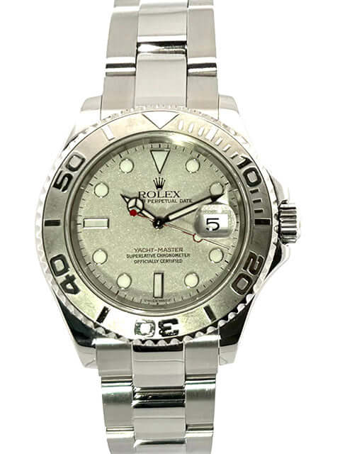 Rolex Yacht-Master 40 Edelstahl Platin 16622 mit Platin-Zifferblatt und gefassten Leuchtindizes, roter Sekundenzeiger, Oyster Armband