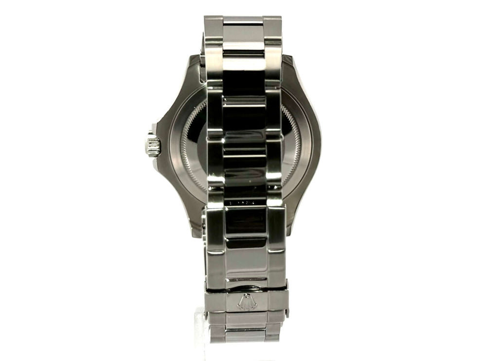 Rückansicht der Rolex Yacht-Master 40 Edelstahl Platin 16622 mit poliertem und satiniertem Oyster Edelstahl Armband.