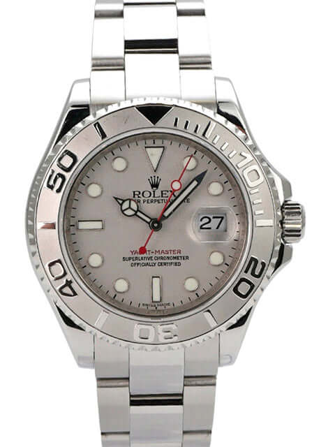 Rolex Yacht-Master 40 Edelstahl Platin 16622 Uhr mit Platin Zifferblatt und rot Sekundenzeiger.