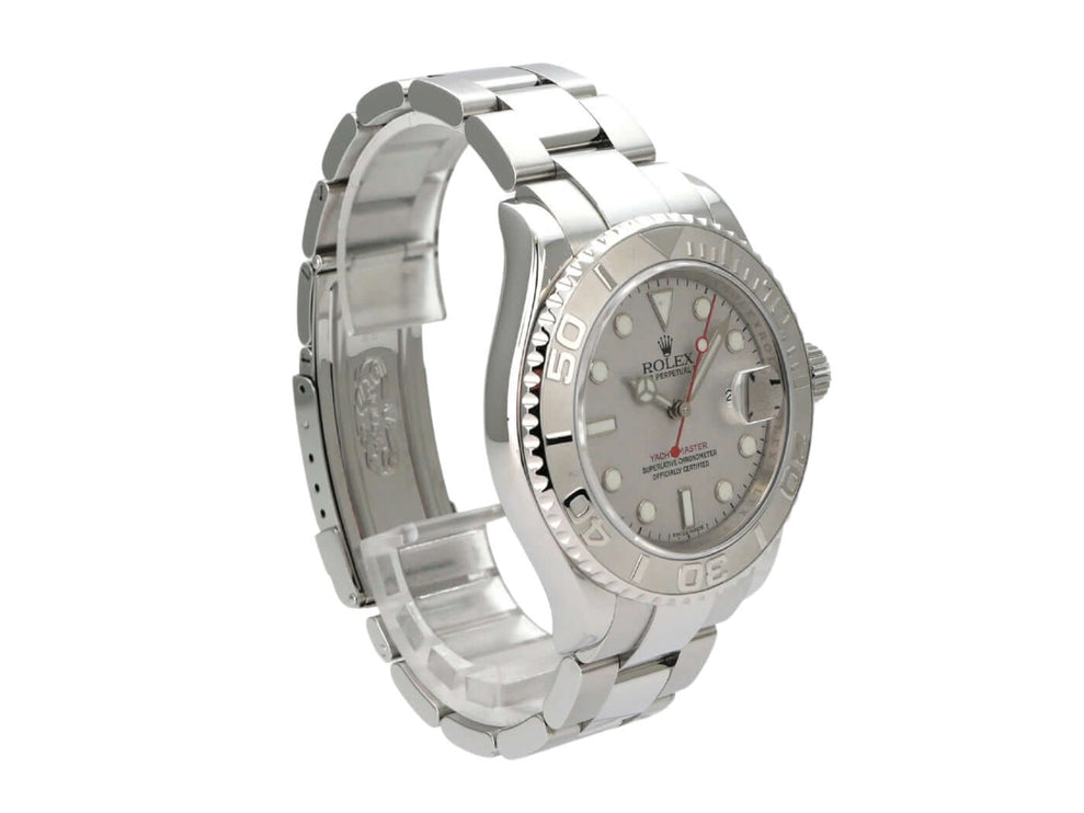 Rolex Yacht-Master 40 Edelstahl Platin 16622, polierte Edelstahl Uhr mit Platin Zifferblatt und drehbarer Lünette.