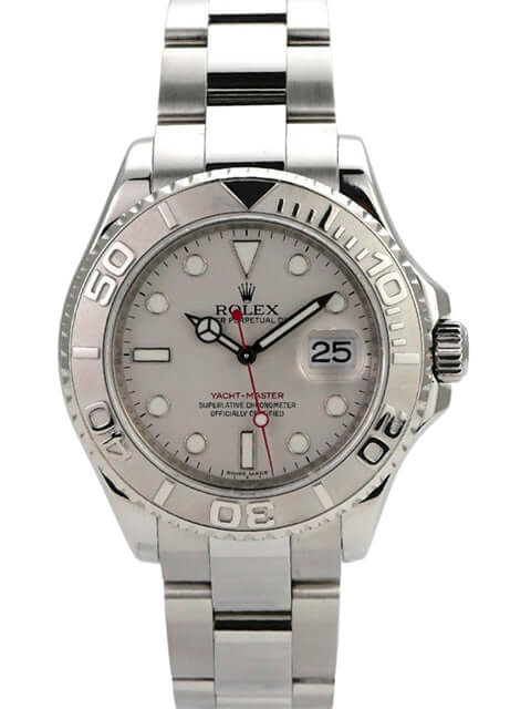 Rolex Yacht-Master 40 Edelstahl Platin 16622 mit poliertem Gehäuse und Zifferblatt in Platin, rotem Sekundenzeiger.