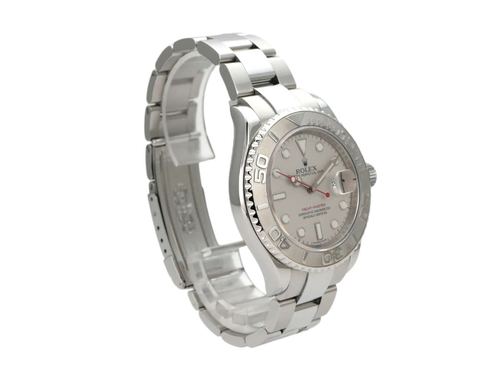 Rolex Yacht-Master 40 Edelstahl Platin 16622, poliertes Gehäuse, 40 mm, beidseitig drehbare Lünette, hochwertiges Automatikuhrwerk.