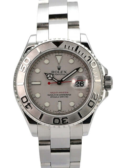 Rolex Yacht-Master 40 Edelstahl Platin 16622 mit Platin Zifferblatt und poliertem Oyster Armband.