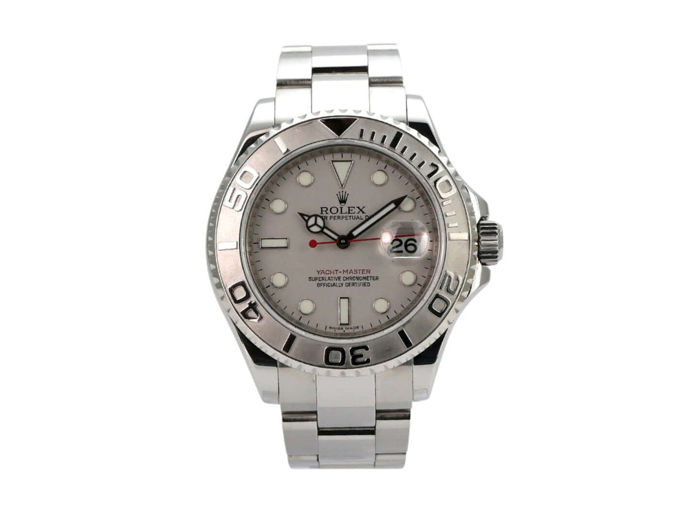 Rolex Yacht-Master 40 Edelstahl Platin 16622 mit Platin Zifferblatt und rotem Sekundenzeiger