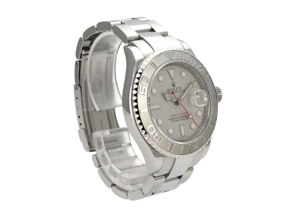 Rolex Yacht-Master 40 Edelstahl Platin 16622 mit poliertem Gehäuse und Platin-Zifferblatt.