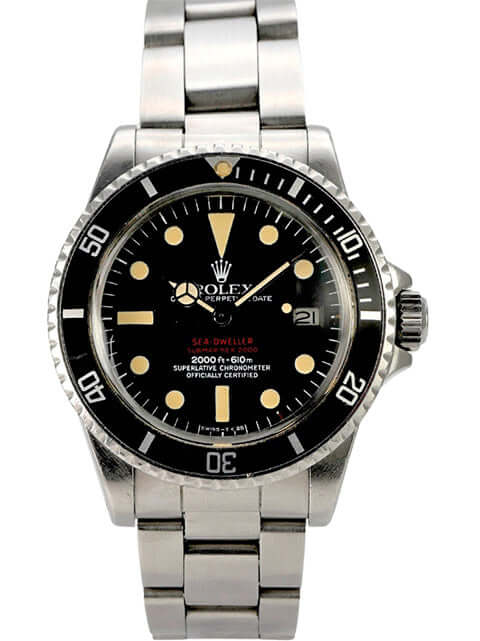 Rolex Sea-Dweller 1665 Double Red Edelstahl-Uhr mit schwarzem Zifferblatt und drehbarer Lünette.