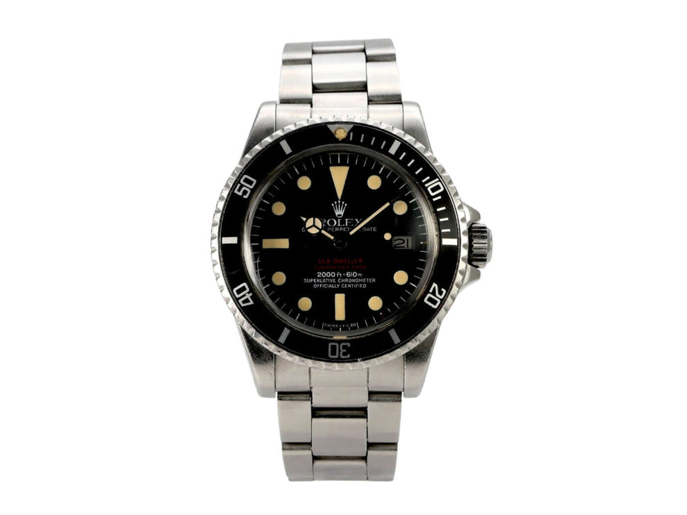 Rolex Sea-Dweller 1665 Double Red auf Edelstahlarmband mit schwarzem Zifferblatt und drehbarer Lünette.