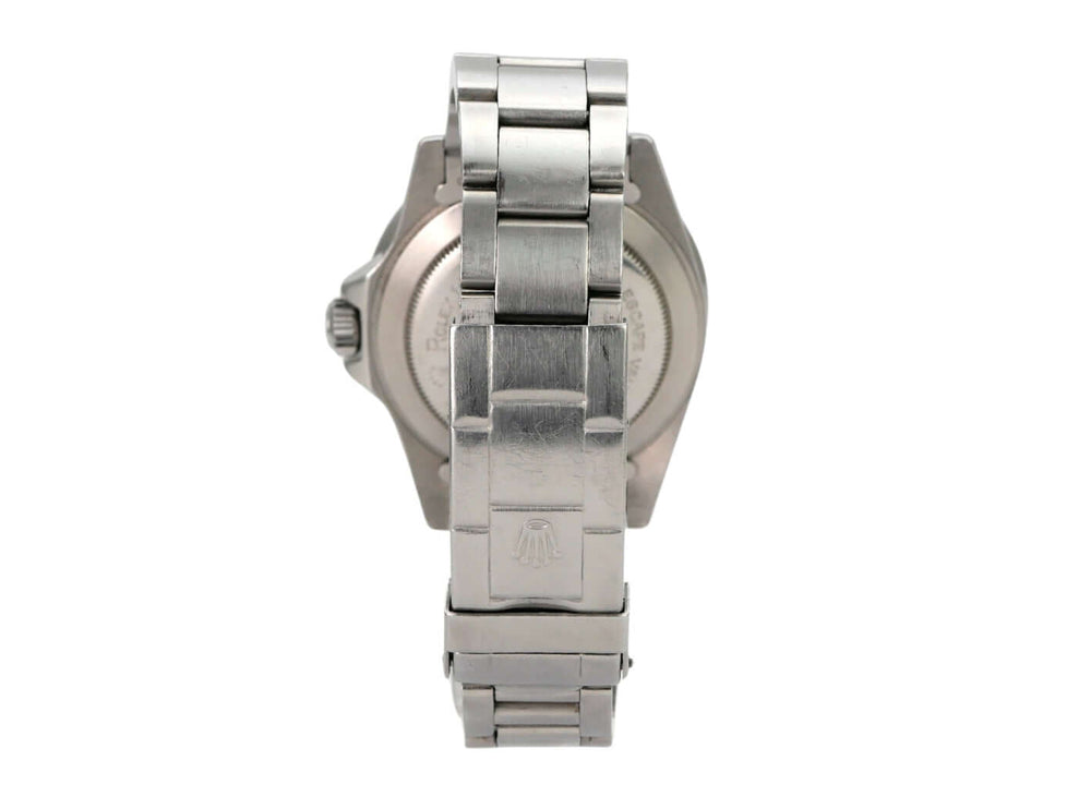 Rolex Sea-Dweller 1665 Double Red Rückansicht mit Edelstahlarmband und automatischem Uhrwerk.