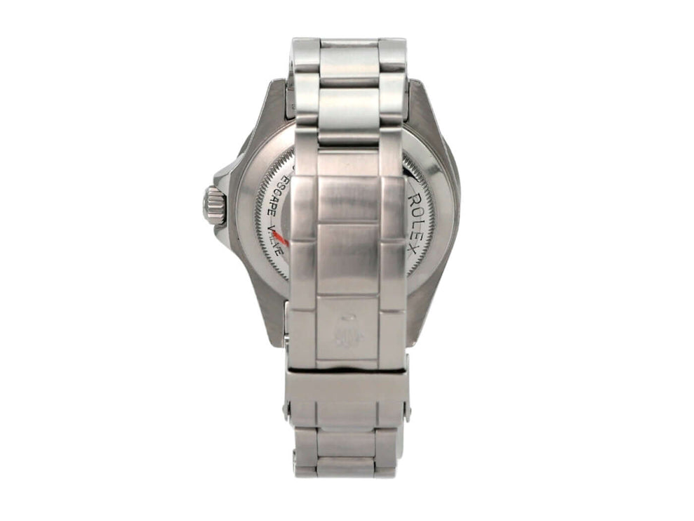 Rolex Sea-Dweller 16660 Rückansicht mit Edelstahlband und Gehäuse aus poliertem und satiniertem Edelstahl.